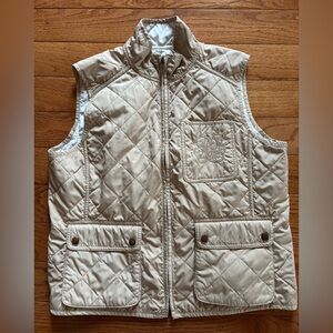 Lauren Ralph Lauren Women Large Reversible Quilted Vest Monogram Tan Cream